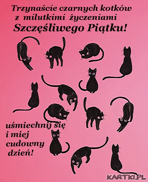 Trzynaście czarnych kotków z życzeniami szczęśliwego piątku!